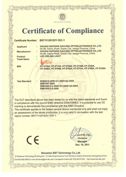 Certificação CE 1 da luz de teto